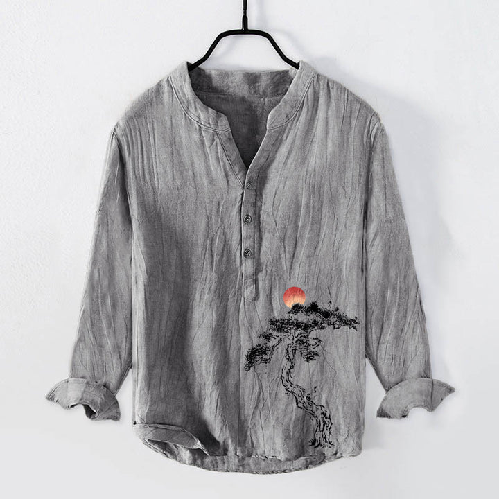 Buddha Stones Pine Tree Red Sun Pattern Half Buttons Men's Cotton Linen Long Sleeve Shirt - Gray - US/UK/AU50,EU60 (5XL) - image 3