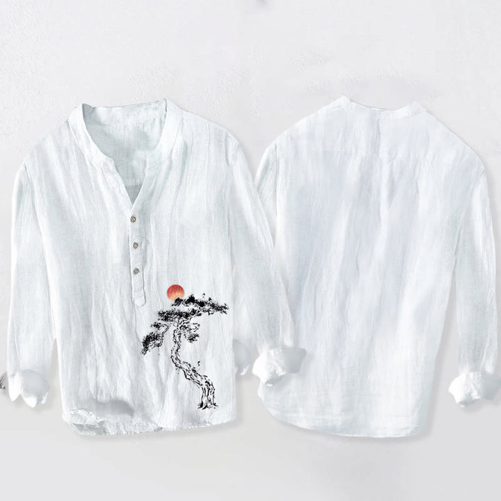 Buddha Stones Pine Tree Red Sun Pattern Half Buttons Men's Cotton Linen Long Sleeve Shirt - image 8