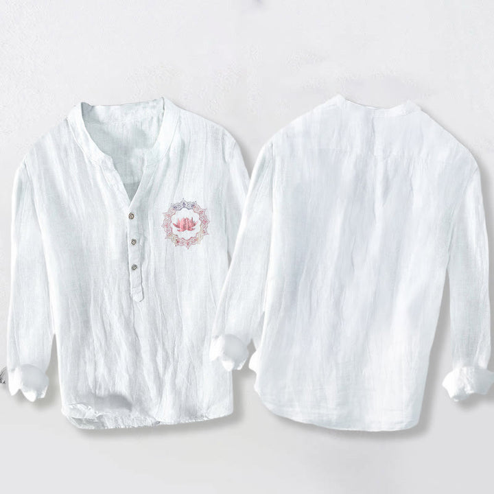 Buddha Stones Lotus Mandala Pattern Half Buttons Men's Cotton Linen Long Sleeve Shirt - image 2