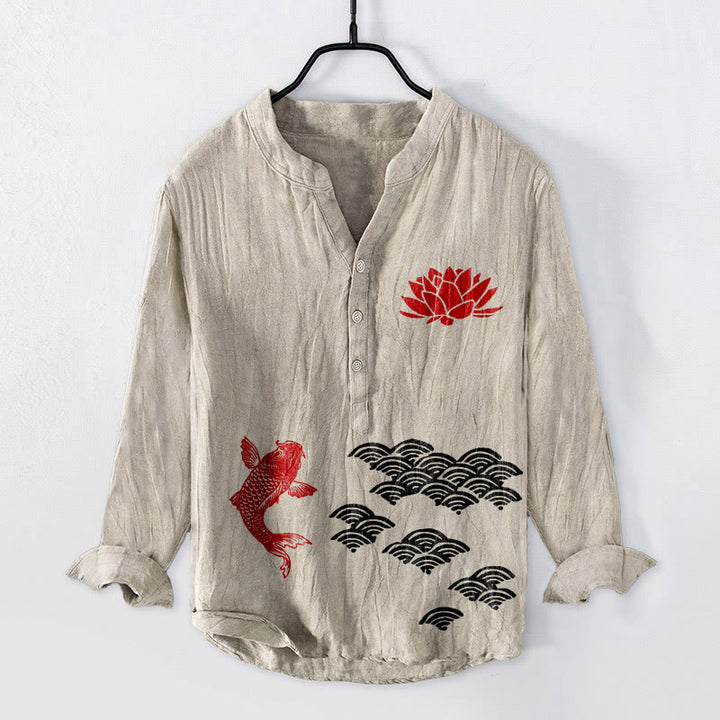 Buddha Stones Koi Fish Lotus Auspicious Clouds Half Buttons Men's Cotton Linen Long Sleeve Shirt - Linen - US/UK/AU50,EU60 (5XL) - image 6
