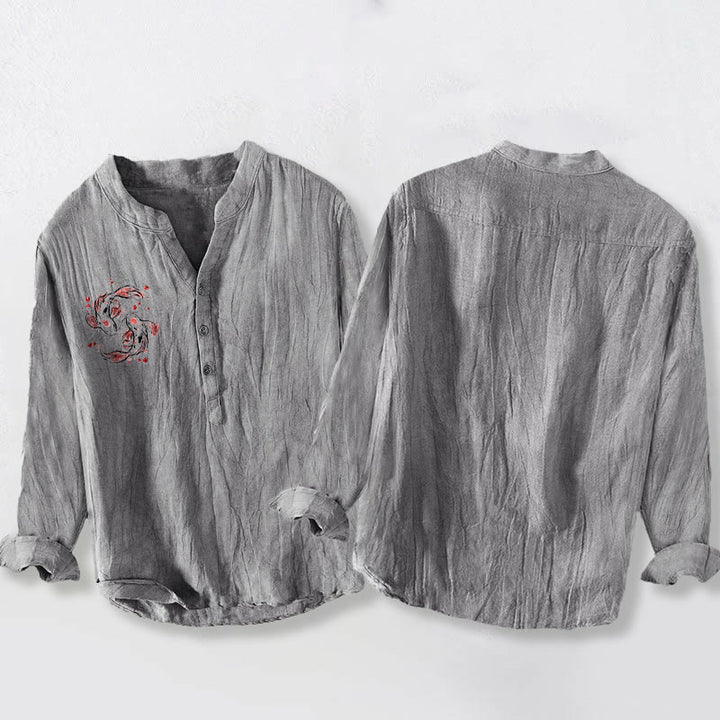 Buddha Stones Koi Fish Yin Yang Pattern Half Buttons Men's Cotton Linen Long Sleeve Shirt - image 5