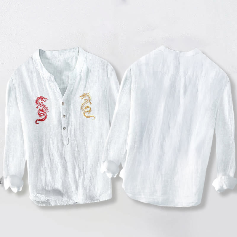 Buddha Stones Double Dragon Pattern Half Buttons Men's Cotton Linen Long Sleeve Shirt - image 5