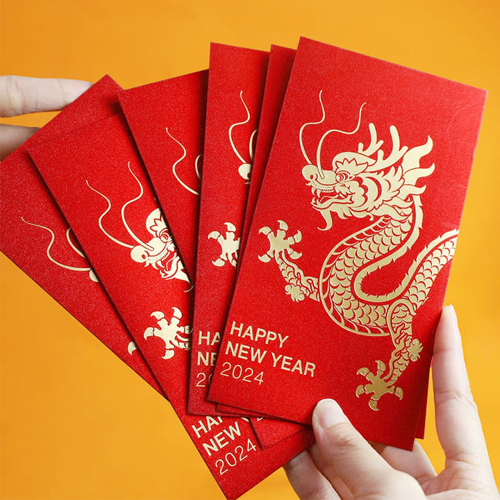 Buddha Stones 6Pcs Chinese Red Envelope Year of the Dragon Lucky Money Envelopes 2024 Chinese New Year Dragon Year Envelope - HAPPY NEW YEAR 2024(16.5*9cm) - image 0