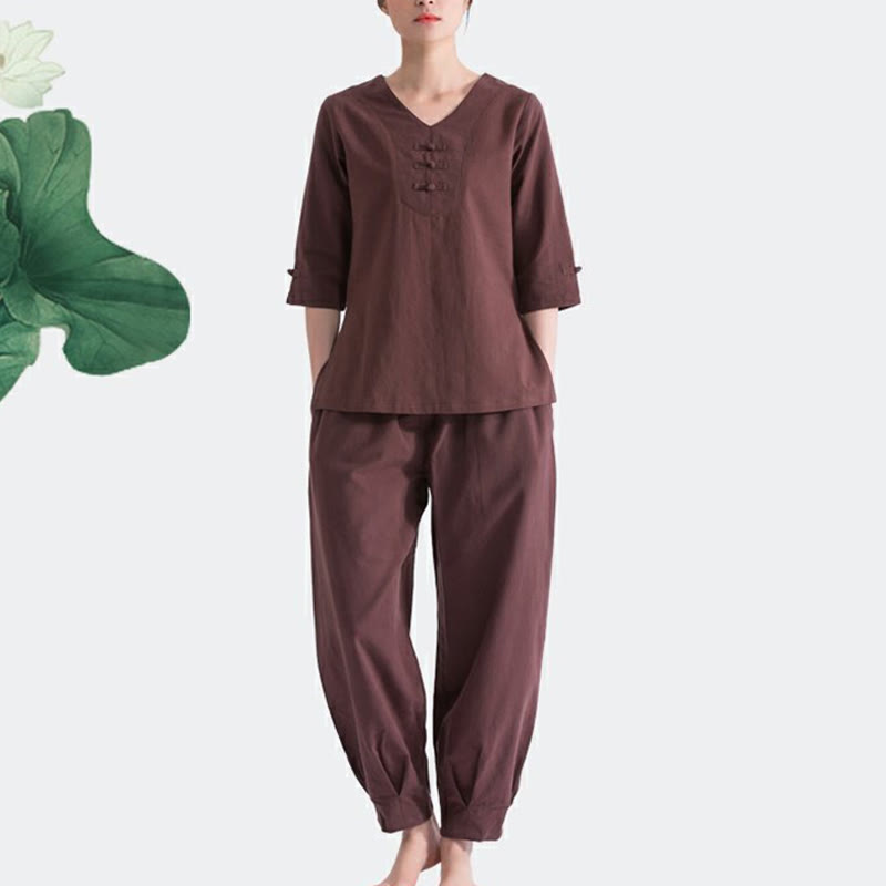 Buddha Stones Yoga Meditation Prayer V-neck Design Cotton Linen Clothing Uniform Zen Practice Women's Set - image 8