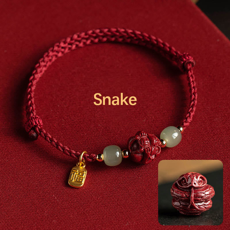 Buddha Stones Natural Cinnabar Chinese Zodiac Hetian Jade Fu Character Luck Rope Bracelet - image 7
