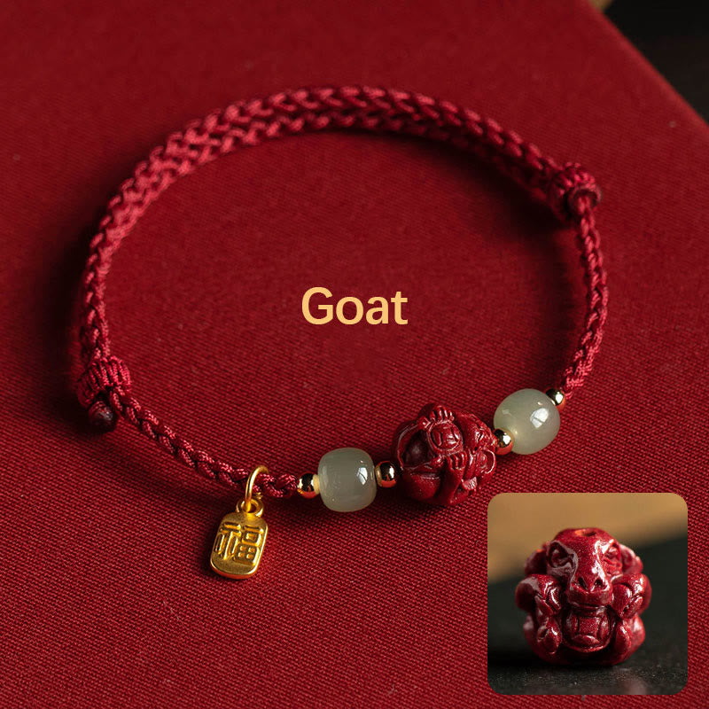 Buddha Stones Natural Cinnabar Chinese Zodiac Hetian Jade Fu Character Luck Rope Bracelet - Goat(Wrist Circumference 14-18cm) - image 9