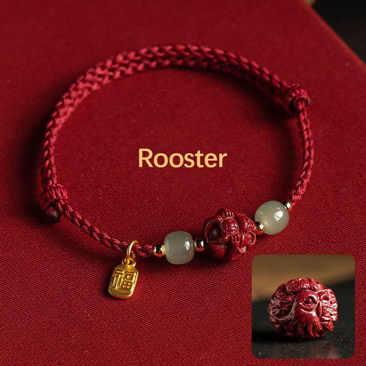 Buddha Stones Natural Cinnabar Chinese Zodiac Hetian Jade Fu Character Luck Rope Bracelet - Rooster(Wrist Circumference 14-18cm) - image 19