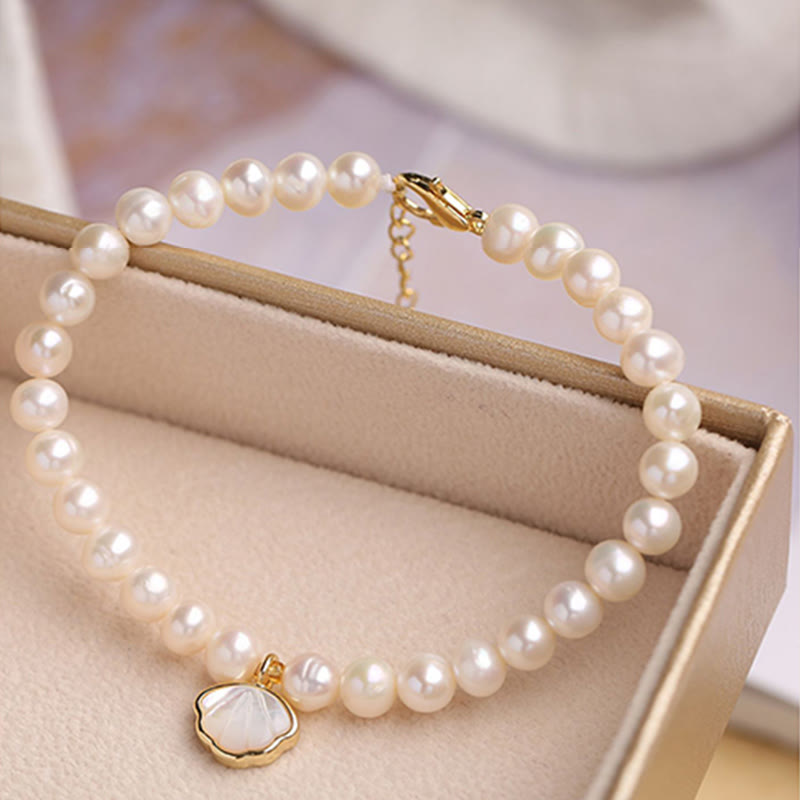 Buddha Stones 14K Gold Plated Natural Pearl Crystal Shell Charm Bead Bracelet - image 7