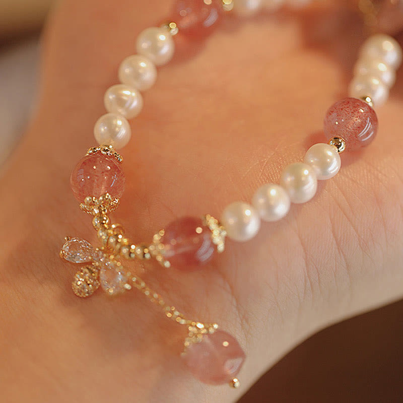 Buddha Stones Natural Pearl Strawberry Quartz Healing Cute Honey Bee Charm Bracelet - image 5