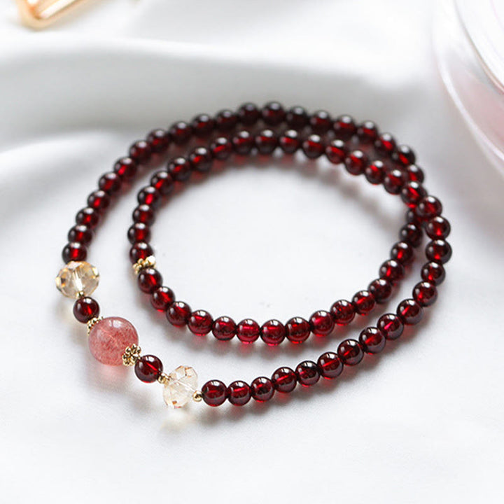 Buddha Stones 14K Gold Plated Natural Garnet Strawberry Quartz Stability Double Wrap Bracelet - image 1
