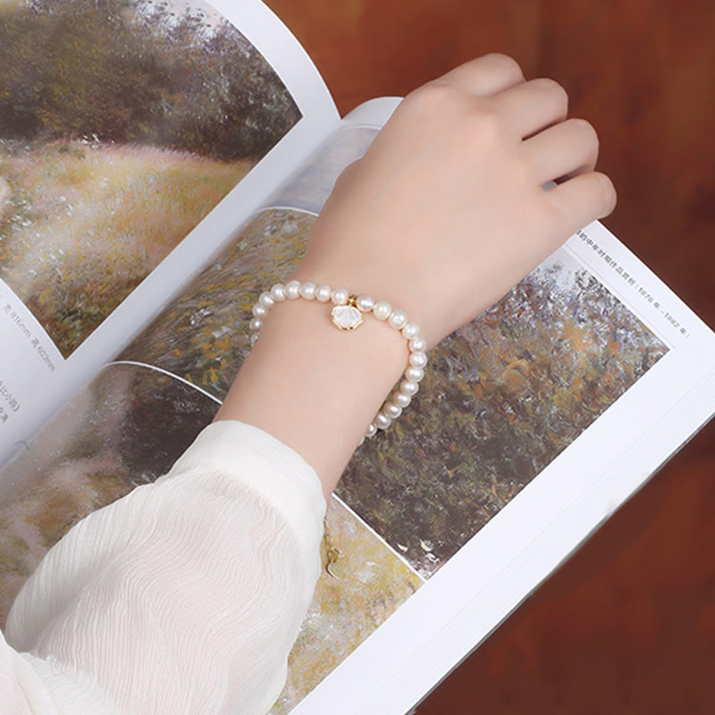 Buddha Stones 14K Gold Plated Natural Pearl Crystal Shell Charm Bead Bracelet - image 4