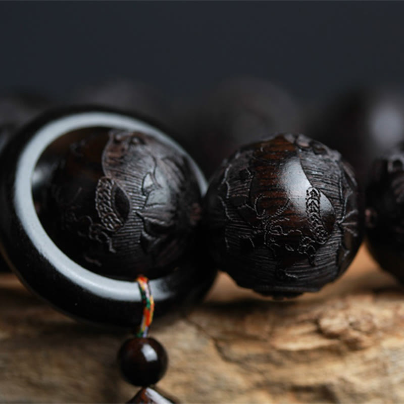 Buddha Stones Ebony Wood Chinese Character Yin Yang Engraved Gourd Balance Bracelet - image 6