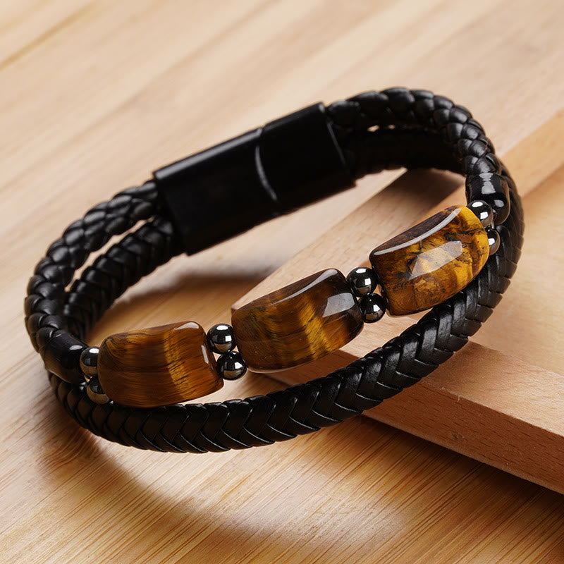 Buddha Stones Natural Tiger Eye Protection Willpower Magnetic Buckle Leather Bracelet - image 1