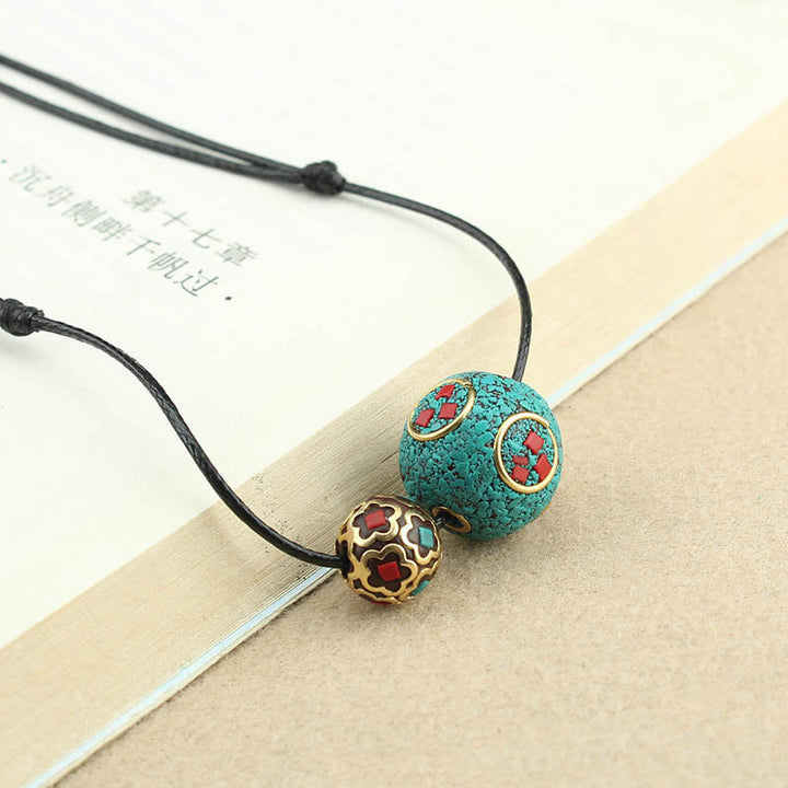 Buddha Stones Tibetan Turquoise Double Bead Protection Strength Necklace Pendant - Turquoise(Purification♥Protection) - image 0