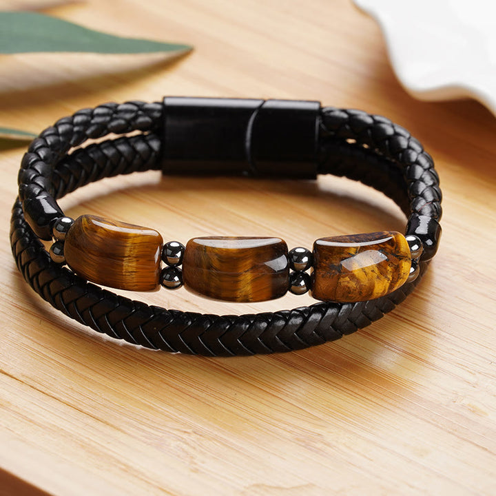 Buddha Stones Natural Tiger Eye Protection Willpower Magnetic Buckle Leather Bracelet - image 3