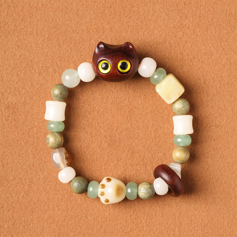 Buddha Stones Bodhi Seed Green Sandalwood Ebony Wood Small Leaf Red Sandalwood Cat Head Paw Claw Peace Bracelet - Small Leaf Red Sandalwood Cat(Yellow Eyes)(Wrist Circumference 14-16cm) - image 7