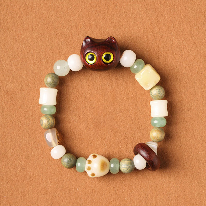Buddha Stones Bodhi Seed Green Sandalwood Ebony Wood Small Leaf Red Sandalwood Cat Head Paw Claw Peace Bracelet - Small Leaf Red Sandalwood Cat(Yellow Eyes)(Wrist Circumference 14-16cm) - image 7