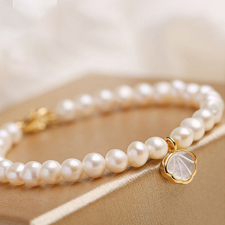 Buddha Stones 14K Gold Plated Natural Pearl Crystal Shell Charm Bead Bracelet - image 5