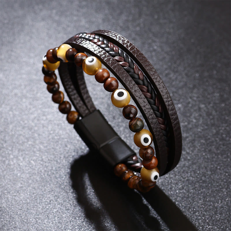 Buddha Stones Evil Eye Tiger Eye Protection Beaded Multilayered Braided Bracelet - Brown - 23cm - image 5