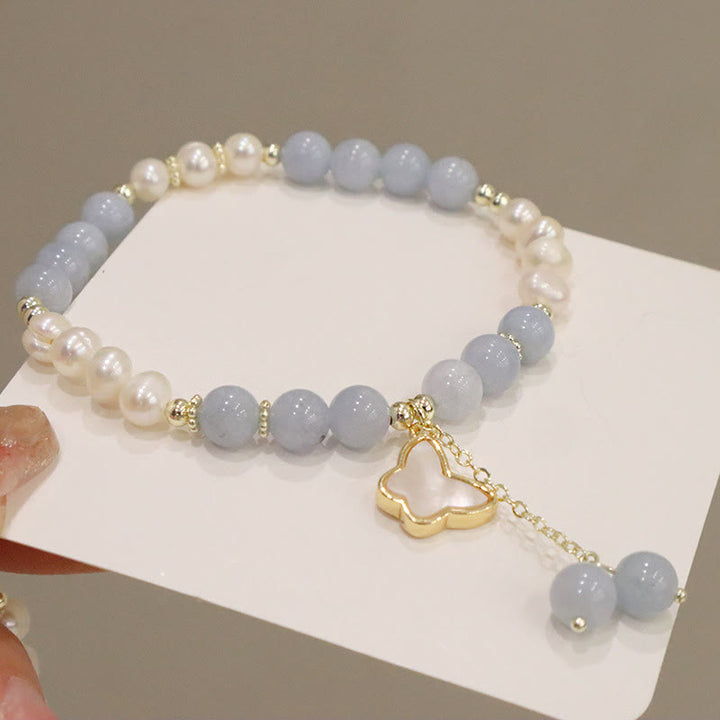 Buddha Stones Natural Aquamarine Pearl Healing Ginkgo Leaf Butterfly Charm Bracelet - image 8