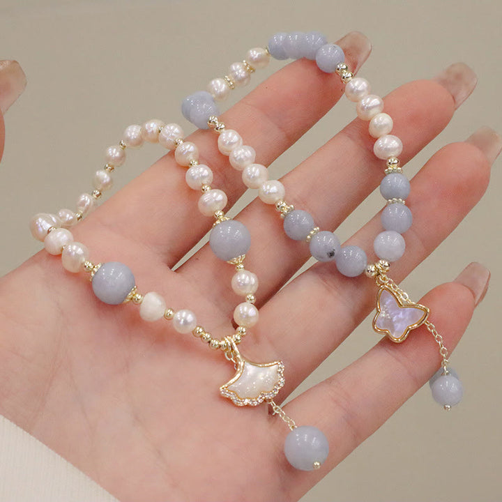 Buddha Stones Natural Aquamarine Pearl Healing Ginkgo Leaf Butterfly Charm Bracelet - image 1