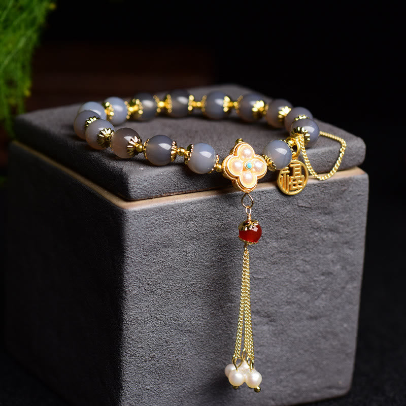 Buddha Stones Natural Gray Agate Fu Character Pearl Tassel Balance Bracelet - image 2
