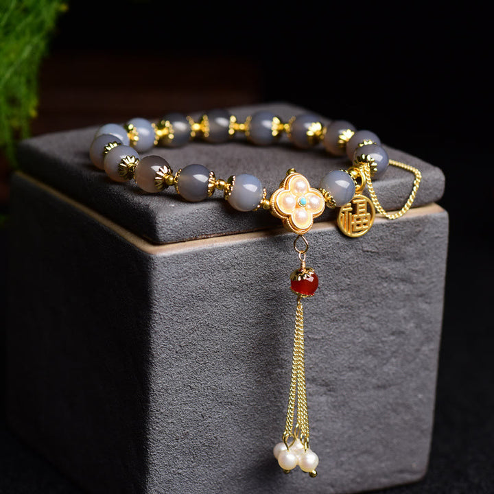 Buddha Stones Natural Gray Agate Fu Character Pearl Tassel Balance Bracelet - image 2