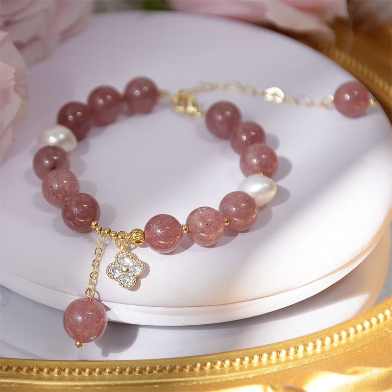Buddha Stones Natural Strawberry Quartz Pearl Four Leaf Clover Love Bracelet - image 2