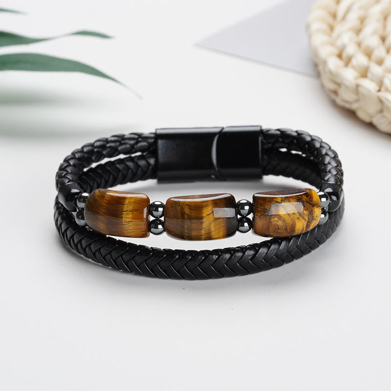 Buddha Stones Natural Tiger Eye Protection Willpower Magnetic Buckle Leather Bracelet - image 5