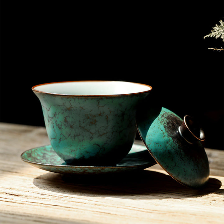 Buddha Stones Retro Green Glaze Ceramic Gaiwan Sancai Teacup Kung Fu Tea Cup And Saucer With Lid - image 3