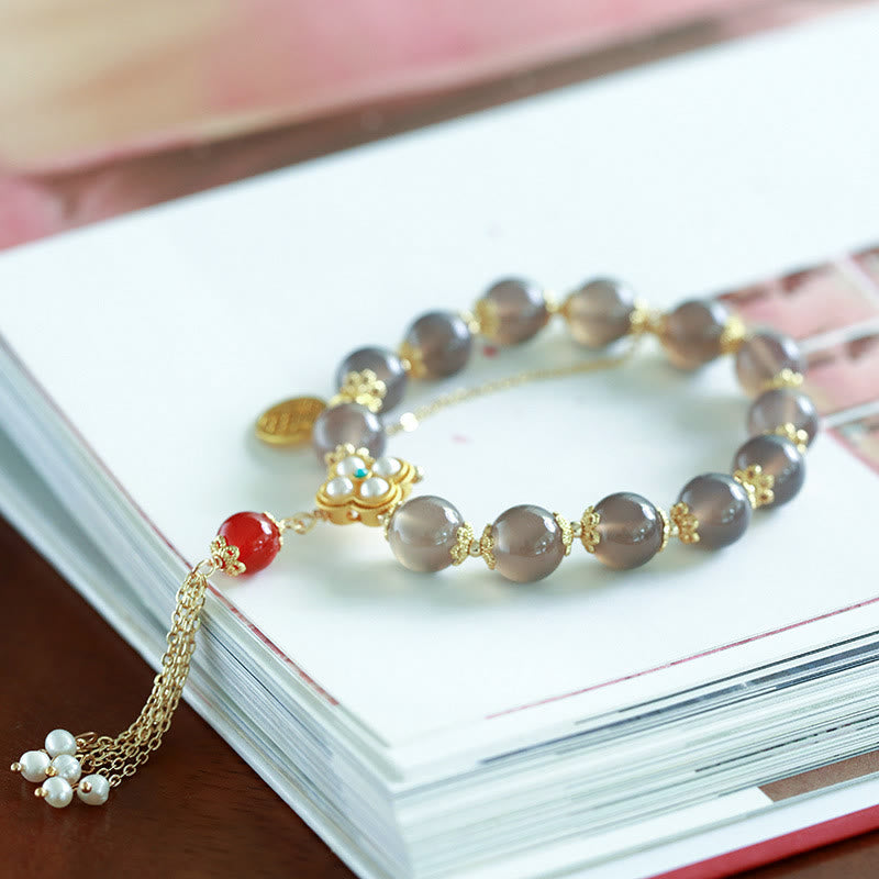 Buddha Stones Natural Gray Agate Fu Character Pearl Tassel Balance Bracelet - image 4