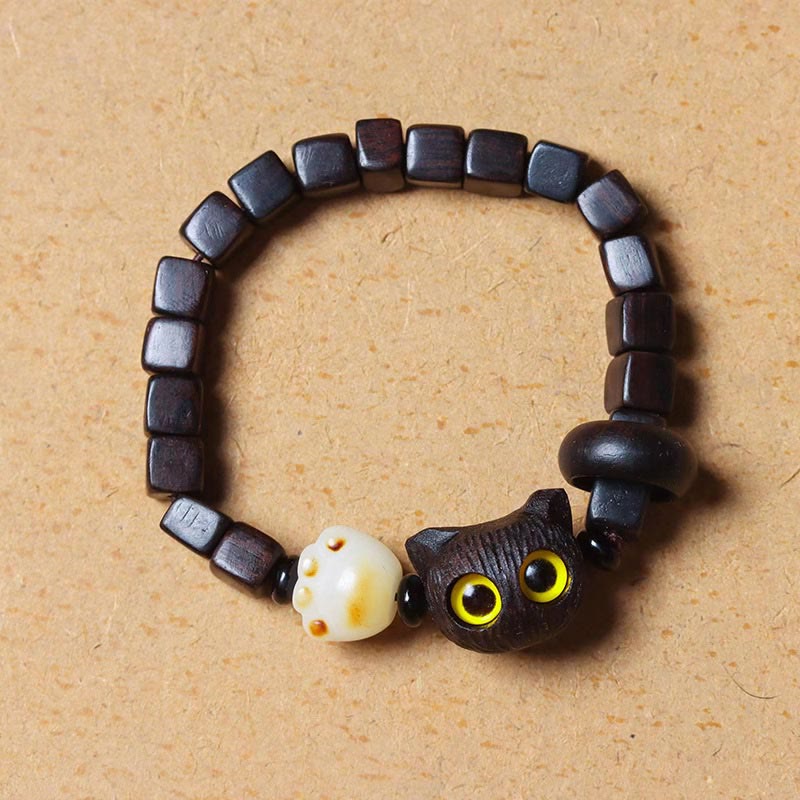 Buddha Stones Ebony Wood Cute Cat Bodhi Seed Paw Claw Square Beads Calm Bracelet - image 1