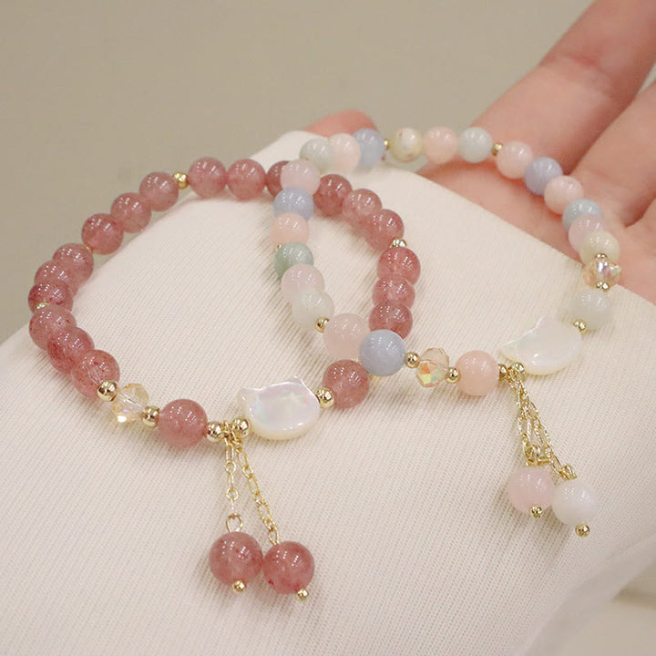 Buddha Stones Natural Strawberry Quartz Morganite Tridacna Stone Cat Love Bracelet - image 1