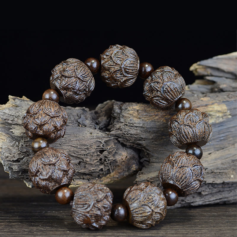 Buddha Stones Ebony Wood Eighteen Arhats Lotus Dragon Engraved Balance Bracelet - image 3