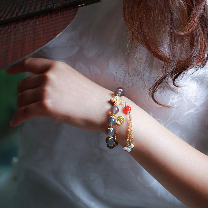 Buddha Stones Natural Gray Agate Fu Character Pearl Tassel Balance Bracelet - image 14