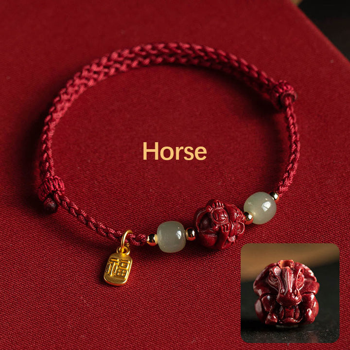 Buddha Stones Natural Cinnabar Chinese Zodiac Hetian Jade Fu Character Luck Rope Bracelet - Horse(Wrist Circumference 14-18cm) - image 8