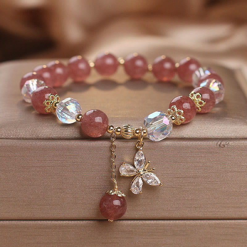 Buddha Stones Natural Strawberry Quartz Love Healing Butterfly Charm Bracelet - Strawberry Quartz(Love♥Healing) - image 0