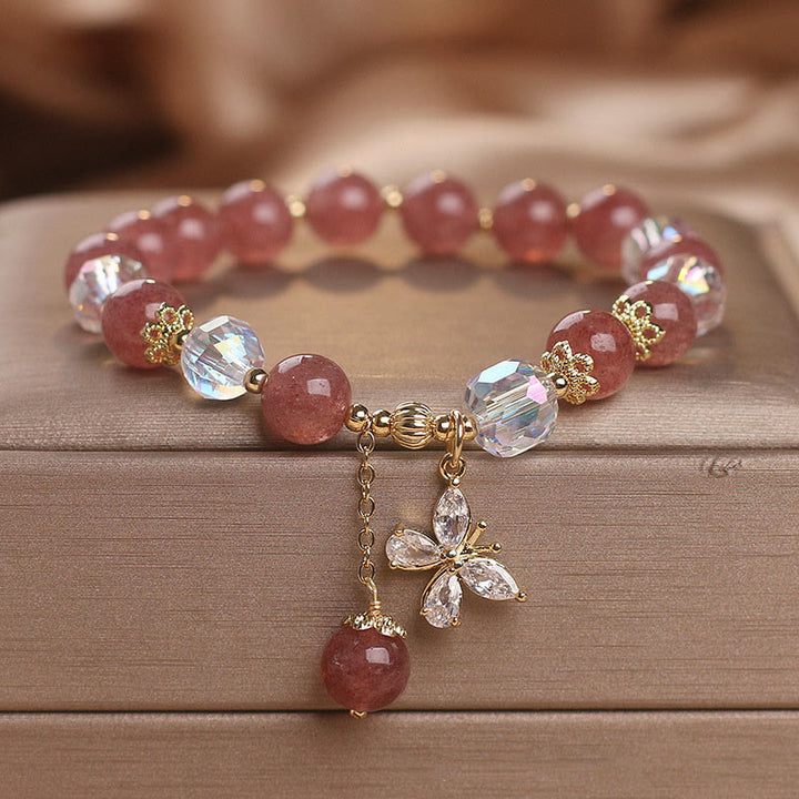 Buddha Stones Natural Strawberry Quartz Love Healing Butterfly Charm Bracelet - Strawberry Quartz(Love♥Healing) - image 0
