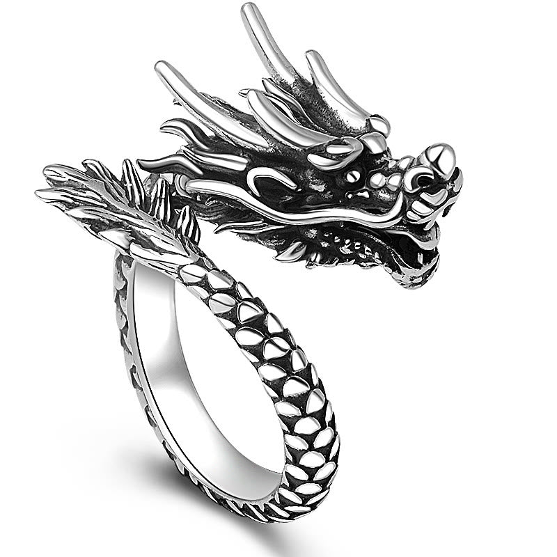 Buddha Stones 990 Sterling Silver Vintage Dragon Design Luck Protection Strength Adjustable Ring - Vintage Black(US7-US12 Adjustable) - image 0