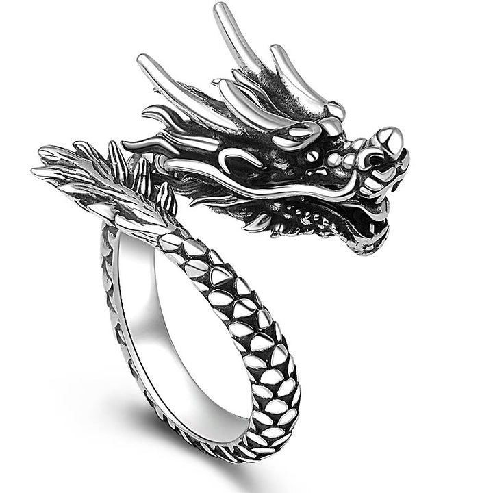 Buddha Stones 990 Sterling Silver Vintage Dragon Design Luck Protection Strength Adjustable Ring - Vintage Black(US7-US12 Adjustable) - image 0