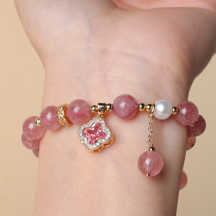 Buddha Stones Strawberry Quartz Pearl Four Leaf Clover Charm Healing Bracelet - image 4