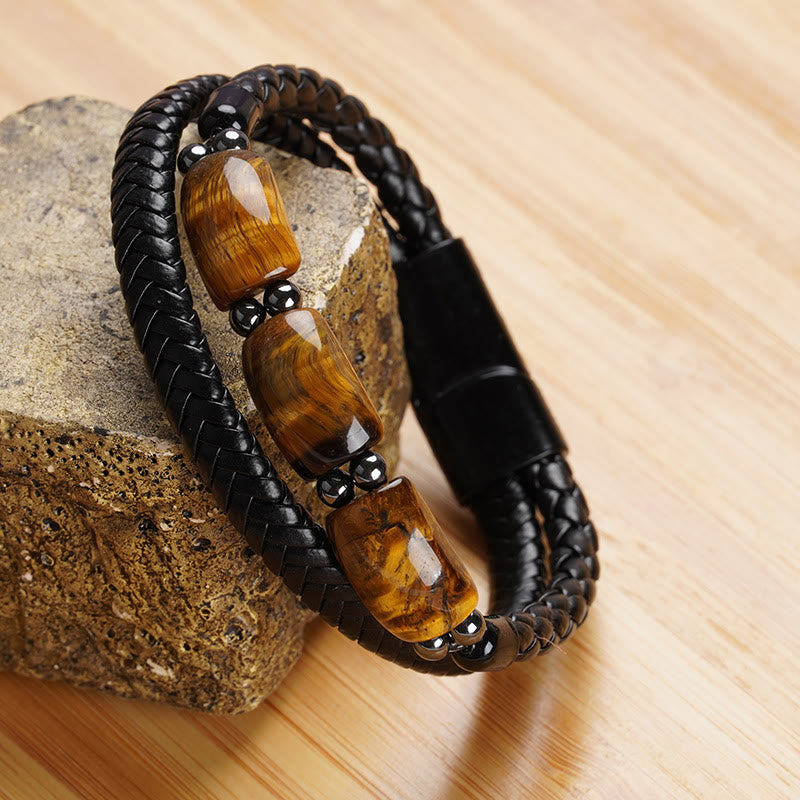 Buddha Stones Natural Tiger Eye Protection Willpower Magnetic Buckle Leather Bracelet - image 2