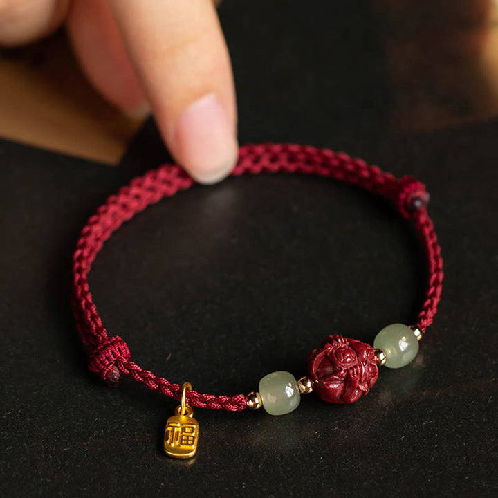 Buddha Stones Natural Cinnabar Chinese Zodiac Hetian Jade Fu Character Luck Rope Bracelet - image 12