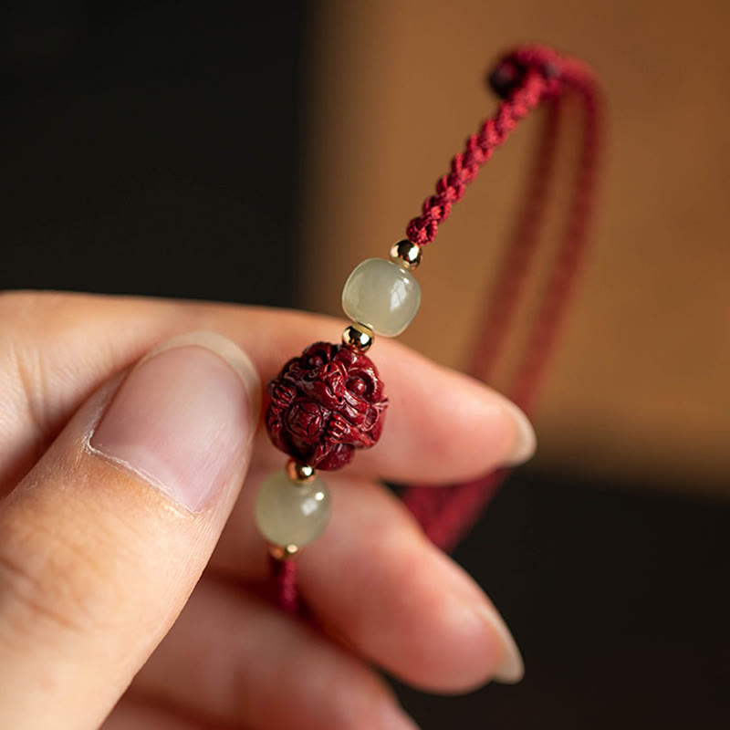 Buddha Stones Natural Cinnabar Chinese Zodiac Hetian Jade Fu Character Luck Rope Bracelet - image 14