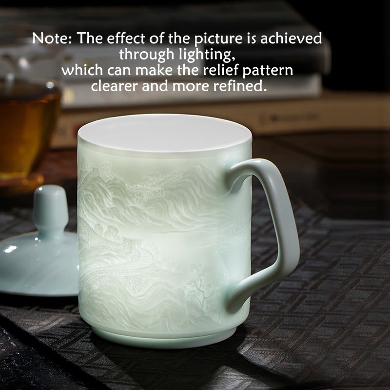 Buddha Stones Jingdezhen White Porcelain Handmade Great Wall Landscape Engraved Ceramic Teacup Office Mug Tea Cups - image 2