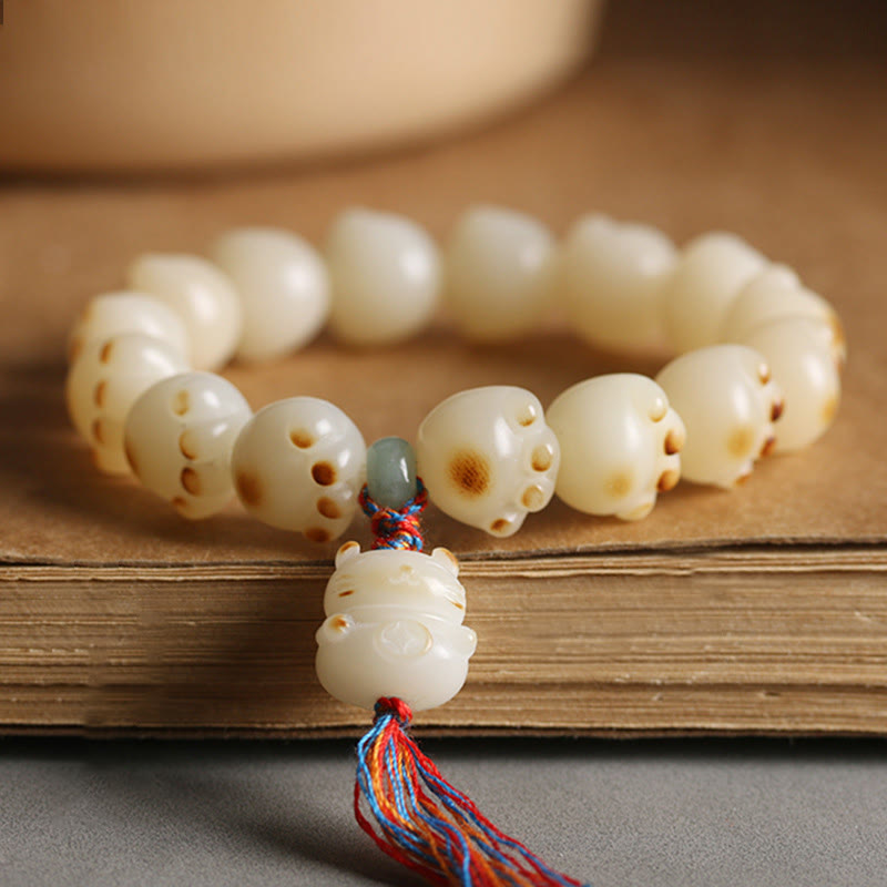 Buddha Stones Cute Lucky Cat Bodhi Seed Cat Paw Harmony Bracelet - Bodhi Seed Cat Paw Colorful Tassel - image 0