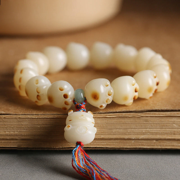 Buddha Stones Cute Lucky Cat Bodhi Seed Cat Paw Harmony Bracelet - Bodhi Seed Cat Paw Colorful Tassel - image 0