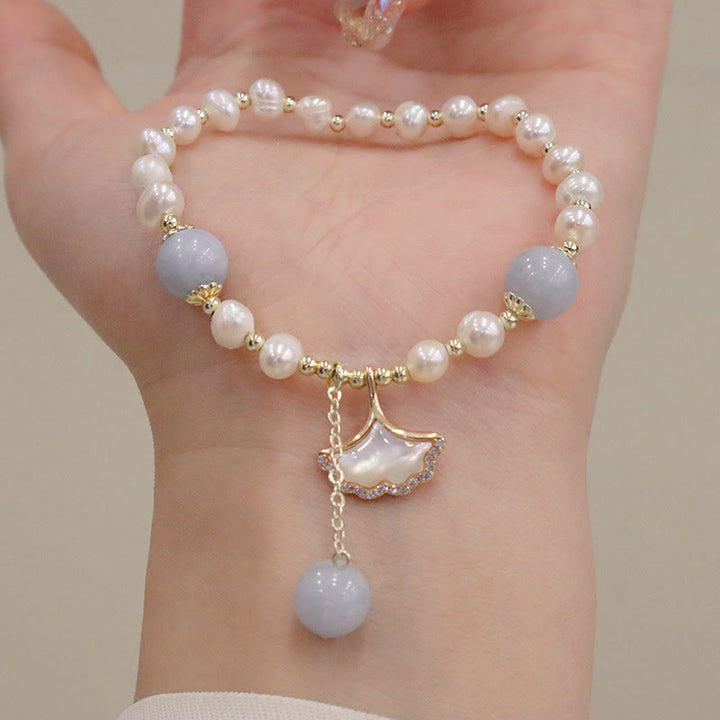 Buddha Stones Natural Aquamarine Pearl Healing Ginkgo Leaf Butterfly Charm Bracelet - image 5