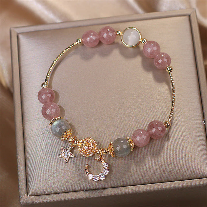 Buddha Stones Strawberry Quartz Moonstone Moon Star Love Bracelet - Strawberry Quartz&Moonstone(Wrist Circumference 16-16.5cm) - image 0
