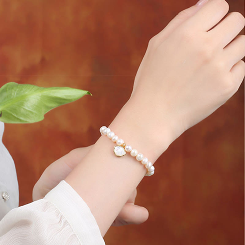 Buddha Stones 14K Gold Plated Natural Pearl Crystal Shell Charm Bead Bracelet - image 11